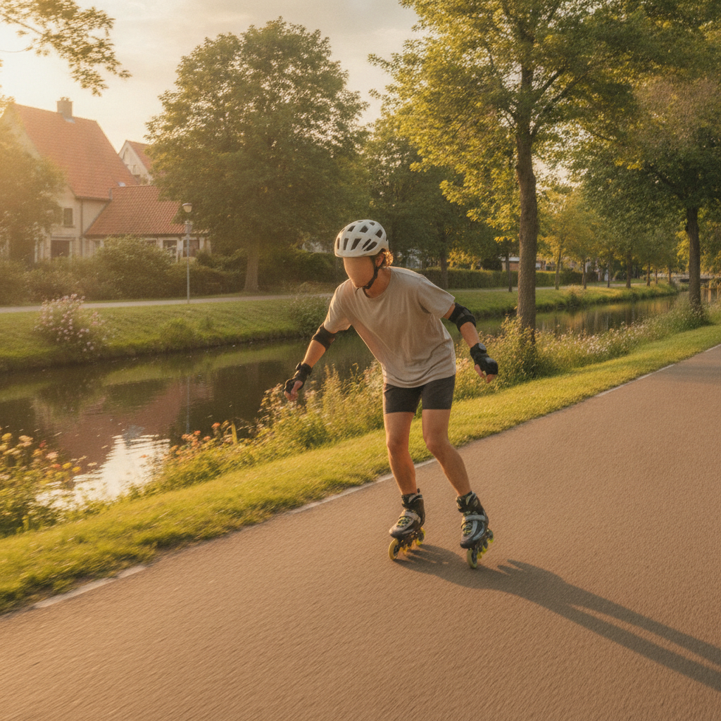 Adulte en rollers en ligne sur une piste au bord d'un canal en été, casque et protège-poignets