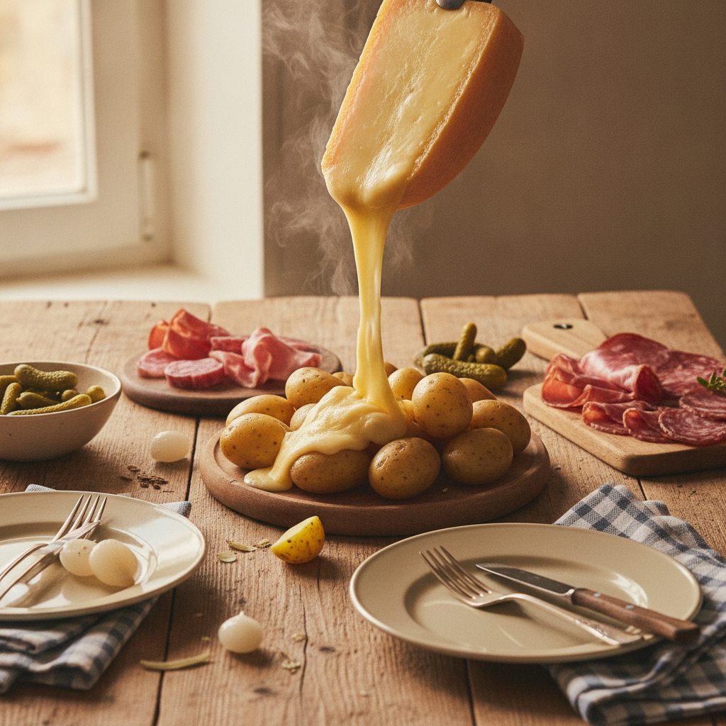 Fromage à raclette fondu coulant depuis une demi-meule sur des pommes de terre, avec cornichons et charcuterie sur une table en bois