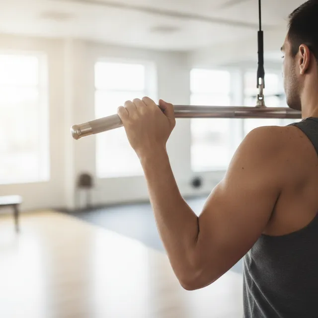 Gros plan sur une main agrippant une barre de traction dans une salle lumineuse