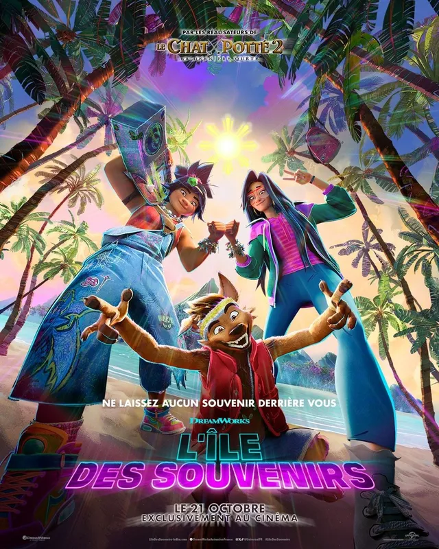 Affiche officielle du film d'animation DreamWorks L'île des souvenirs, avec les deux amies Jo et Raissa sur une plage tropicale