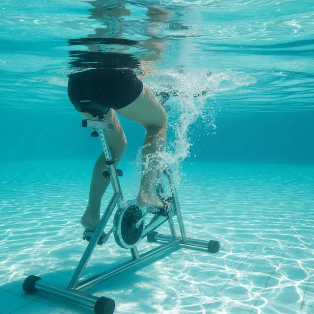 Personne pedalant sur un velo d'aquabike immerge dans une piscine, remous autour des jambes