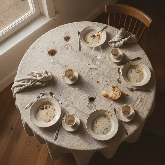 Table de repas conviviale après le repas : assiettes vides, tasses de café, verres de liqueur et de vin, pain, lumière douce