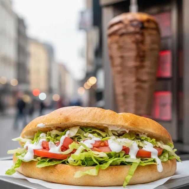 Un döner kebab garni de salade, tomates et sauce blanche, devant une broche de viande verticale dans une rue urbaine