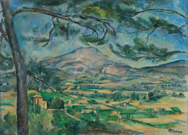 Peinture de Paul Cézanne montrant la montagne Sainte-Victoire vue à travers les branches d'un grand pin, visuel de l'exposition Cézanne et nous au Grand Palais