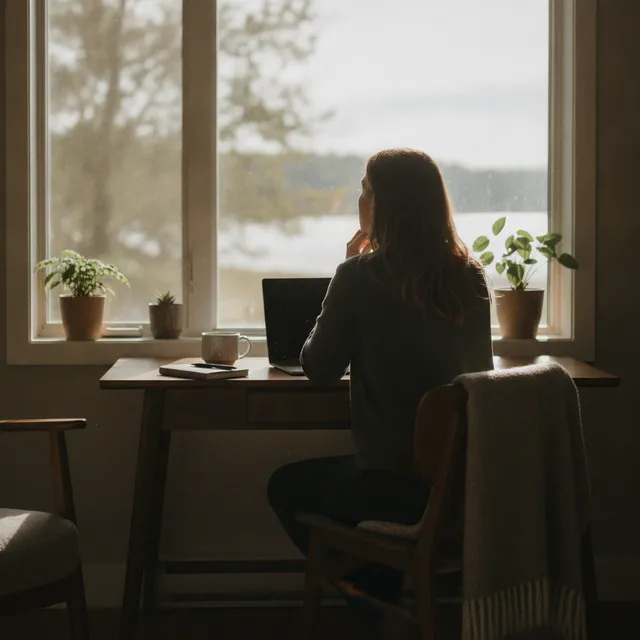 Une personne vue de dos, pensive devant son ordinateur portable pres d'une fenetre