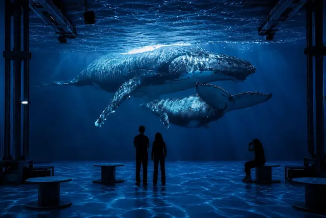 Deux baleines projetées en immersion au-dessus de visiteurs en silhouette à l'Atelier des Lumières