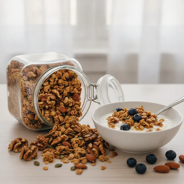 Granola maison croustillant débordant d'un bocal en verre, à côté d'un bol de yaourt aux myrtilles