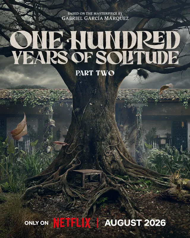 Affiche officielle de la partie 2 de la serie Netflix Cent ans de solitude, un grand arbre devant la maison des Buendia a Macondo