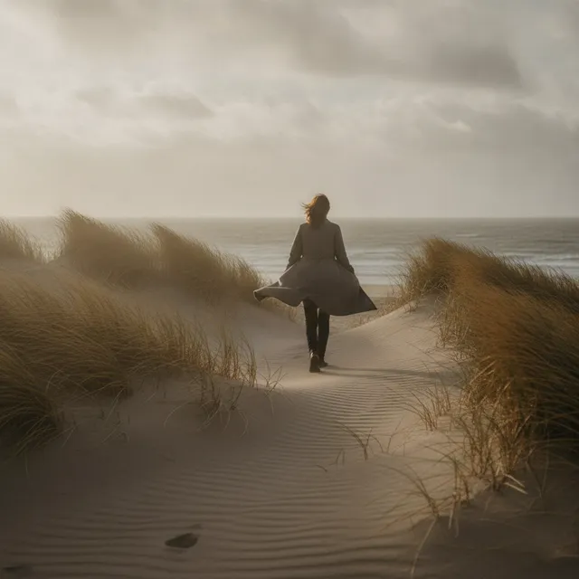 Une personne de dos marche sur une plage venteuse le long des dunes, manteau soulevé par le vent, mer grise à l'horizon