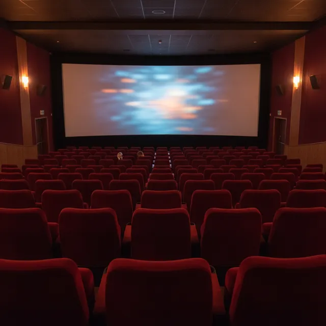 Salle de cinéma vue du fond, rangées de fauteuils rouges face au grand écran lumineux