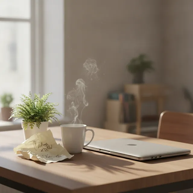 Bureau le matin avec un ordinateur portable fermé, un café fumant et une note froissée