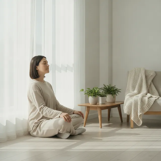 Une personne respire calmement, les yeux fermés, assise près d'une fenêtre lumineuse
