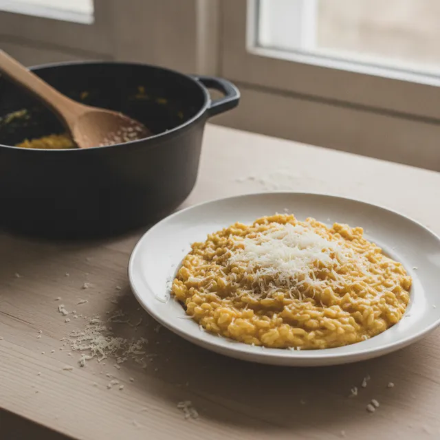 Assiette de risotto crémeux doré parsemé de parmesan râpé, casserole en fonte et louche en bois à côté