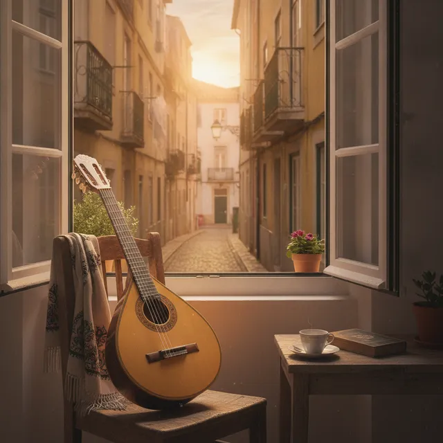 Guitare portugaise posée sur une chaise devant une fenêtre ouverte sur une ruelle de Lisbonne au coucher du soleil