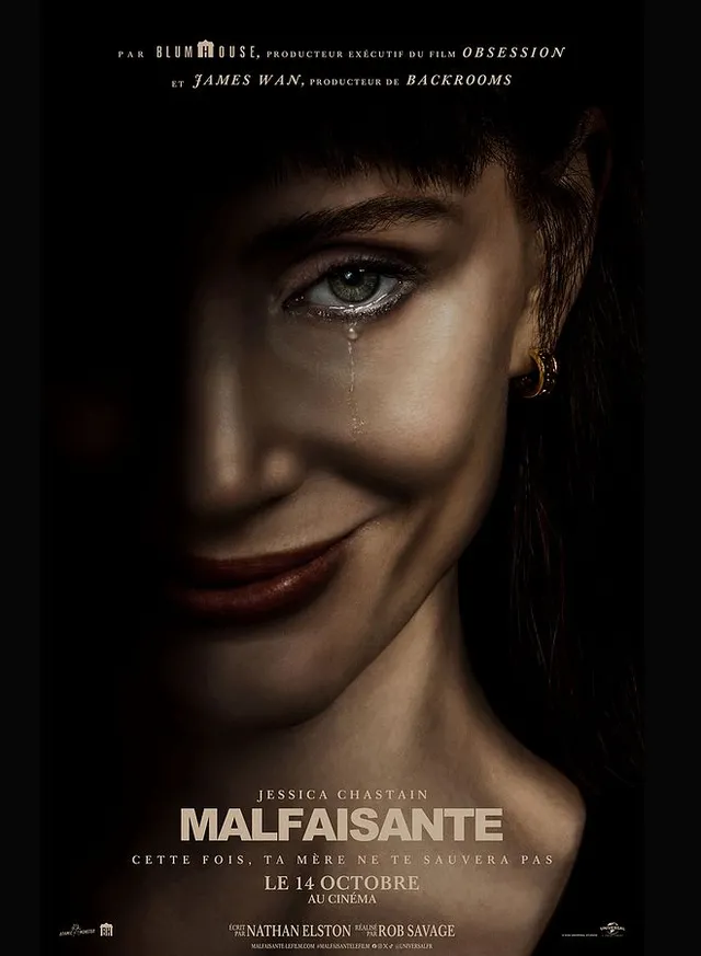 Affiche officielle du film Malfaisante avec Jessica Chastain en gros plan, une larme sur la joue