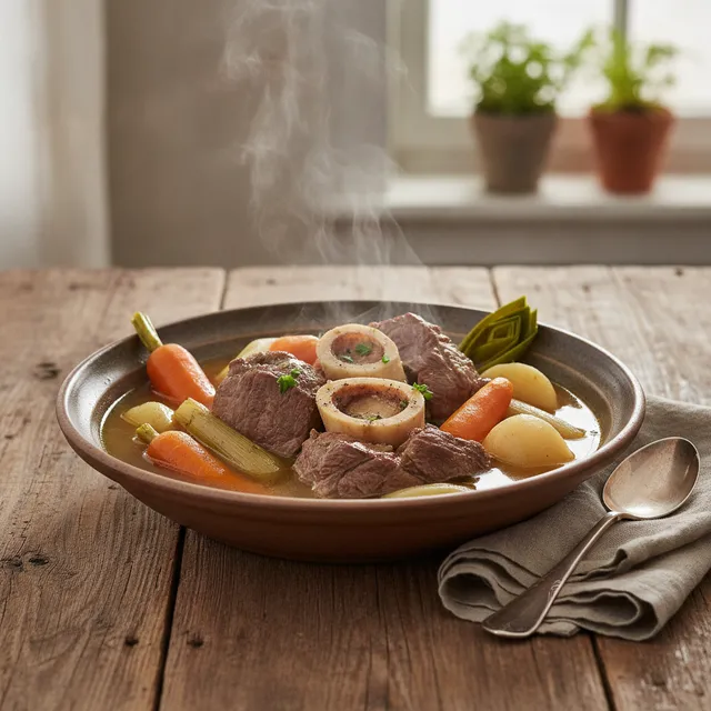 Assiette de pot-au-feu fumant avec du boeuf, un os a moelle, des carottes, des poireaux et des navets