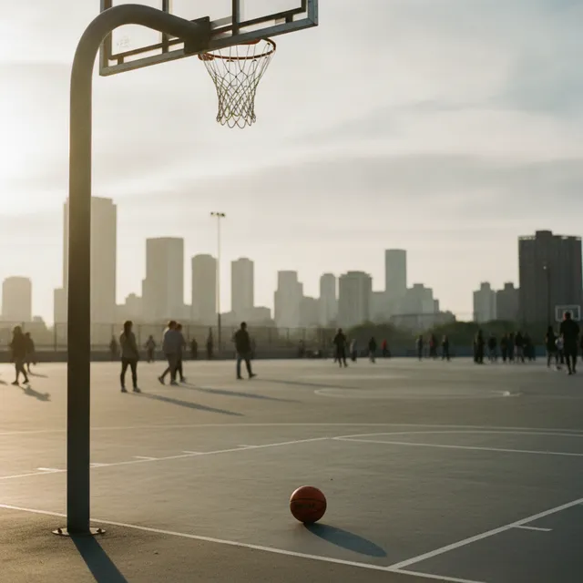 Terrain de basket extérieur en ville en fin d'après-midi, un ballon orange posé sur le bitume sous le panier
