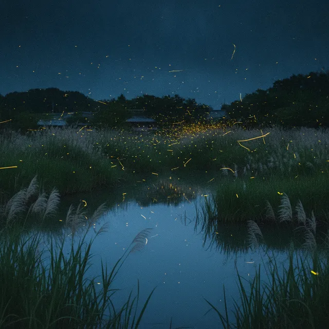 Lucioles dorées scintillant la nuit au-dessus d'un étang, ambiance été japonais