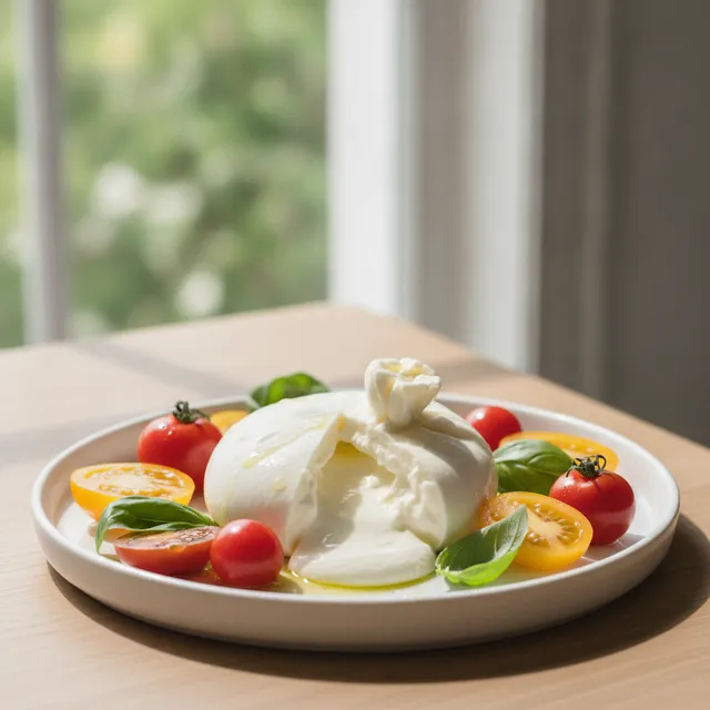 Une burrata crémeuse ouverte sur une assiette blanche, entourée de tomates mûres et de basilic