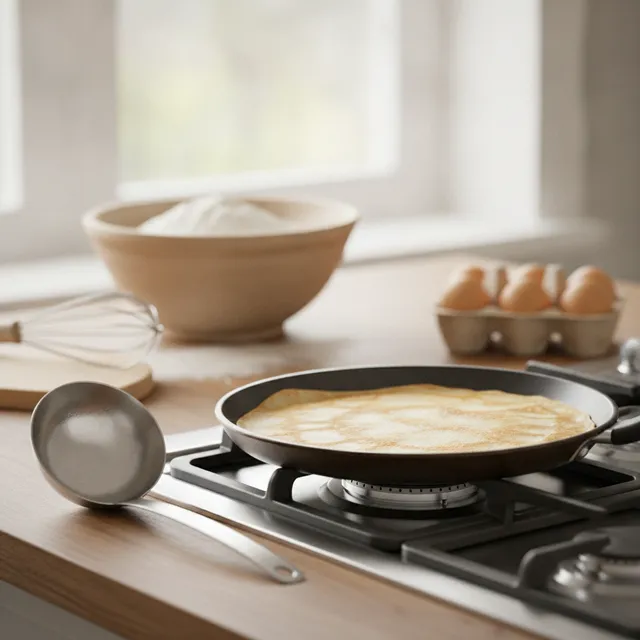 Une crêpe fine dorée en train de cuire dans une poêle plate sur une cuisinière, avec une louche, un bol de farine et des œufs