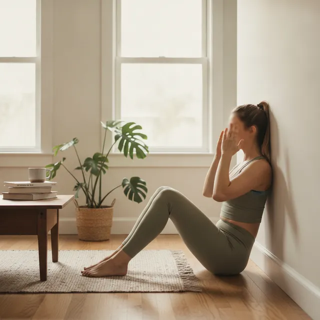Personne en tenue de sport adossée à un mur dans un salon lumineux, position de la chaise