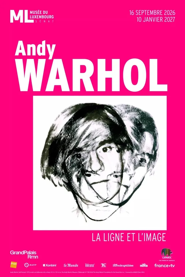 Affiche de l'exposition Andy Warhol, la ligne et l'image, au Musée du Luxembourg, avec un autoportrait dessiné de l'artiste sur fond rose