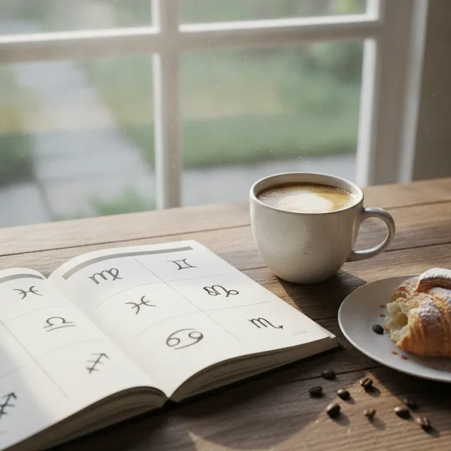 Journal ouvert sur une rubrique horoscope avec symboles du zodiaque, à côté d'une tasse de café et d'un croissant dans la lumière du matin
