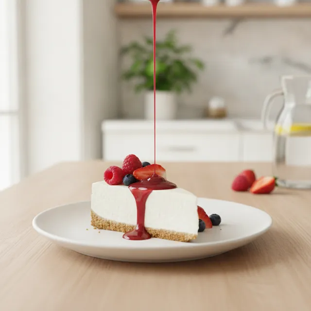 Part de cheesecake sans cuisson a base biscuitee, garniture cremeuse, fruits rouges et coulis