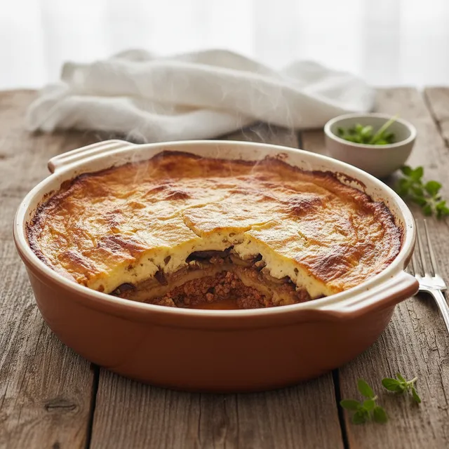 Part de moussaka grecque à la béchamel dorée dans un plat à gratin