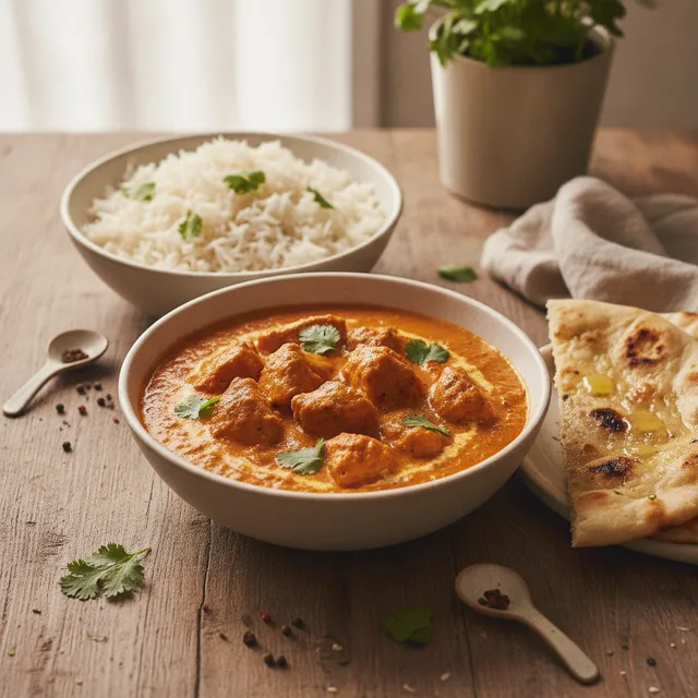 Bol de poulet tikka masala, sauce orangée à la tomate et à la crème, avec riz basmati et naan