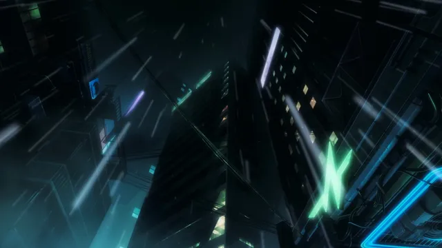 Vue en contre-plongée des gratte-ciel de Night City sous la pluie, néons bleus et verts, visuel officiel de Cyberpunk Edgerunners 2