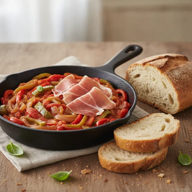 Une piperade basque dans une poêle en fonte avec du jambon de Bayonne et du pain rustique