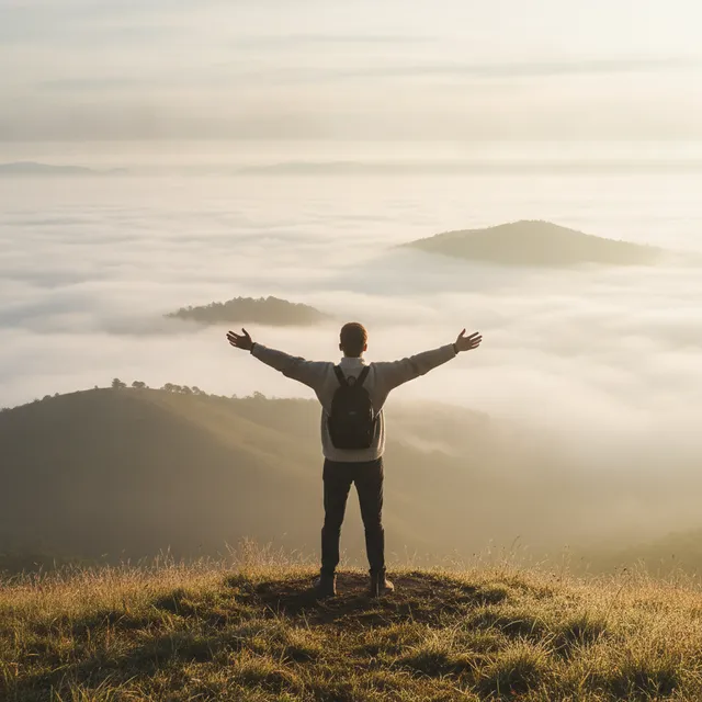 Une personne vue de dos au sommet d'une colline dans la brume, bras ouverts face à une mer de nuages au lever du soleil