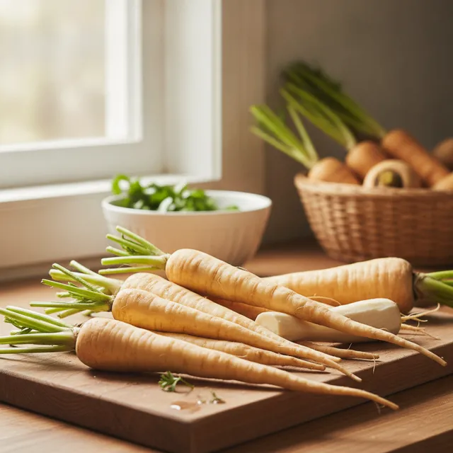 Panais frais crus posés sur une planche en bois dans une cuisine lumineuse