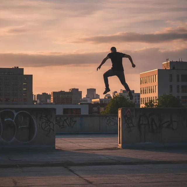 Silhouette d'un pratiquant de parkour sautant entre deux murets de beton graffes dans un decor urbain au coucher du soleil