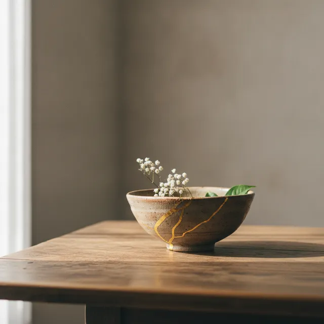 Bol en céramique japonaise réparé au kintsugi avec des veines d'or, posé sur une table en bois patinée