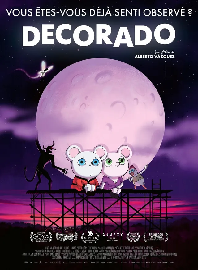 Affiche du film d'animation Decorado d'Alberto Vazquez : deux souris assises sur un echafaudage devant une lune rose