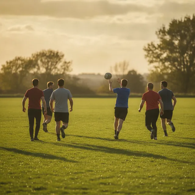 Joueurs amateurs en train de courir et de se faire une passe lors d'une partie de rugby à toucher sur une pelouse, en fin d'après-midi