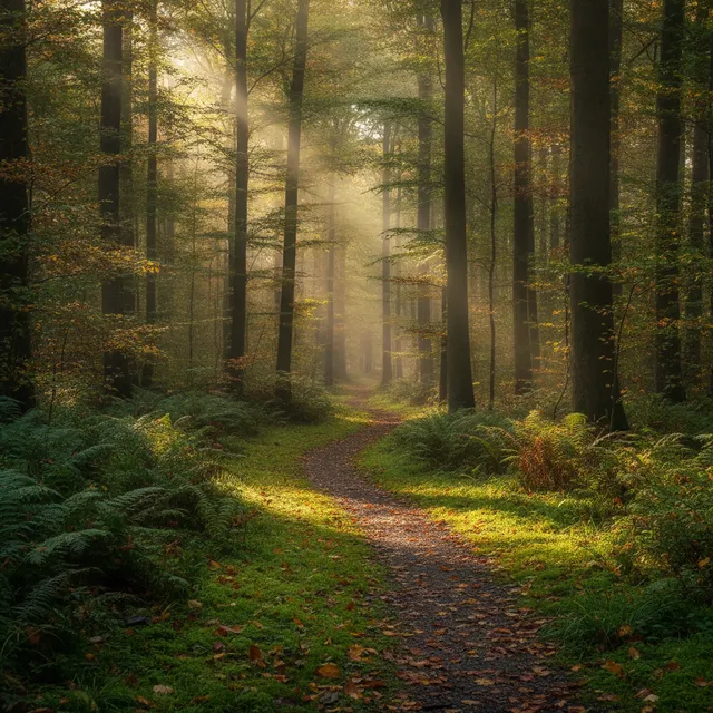 Sentier de forêt baigné de lumière matinale entre les arbres et les fougères