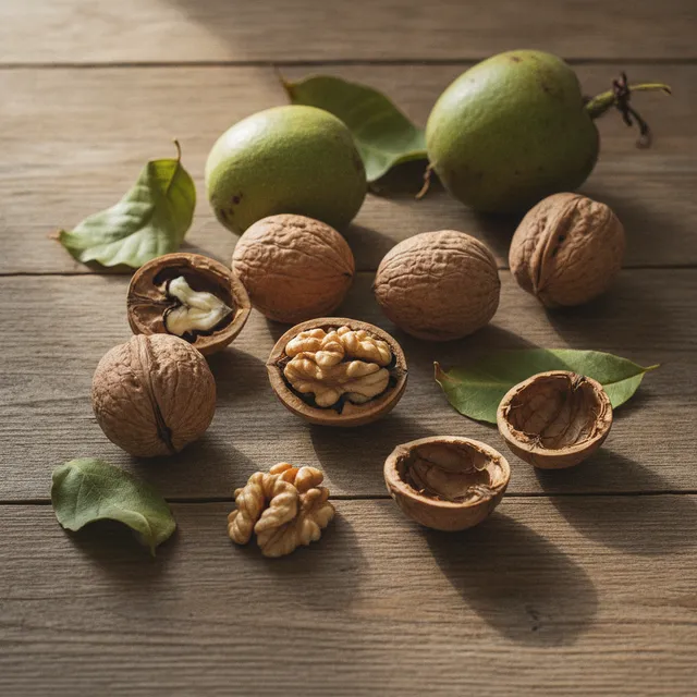Noix fraiches d'automne, coques ouvertes sur une table en bois avec le brou vert et des feuilles
