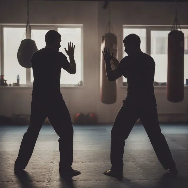 Deux pratiquants de krav maga en position de garde dans une salle d'entraînement