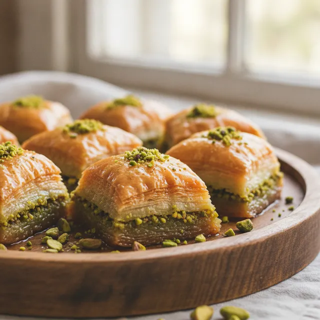 Baklavas dorés à la pistache sur un plateau en bois, feuilles de pâte filo croustillantes