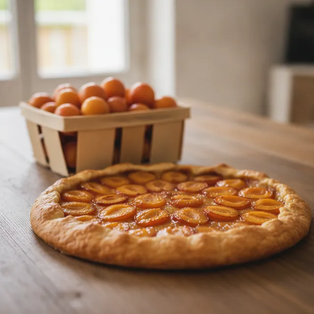 Tarte aux mirabelles dorees maison sur une table en bois, avec une cagette de mirabelles fraiches