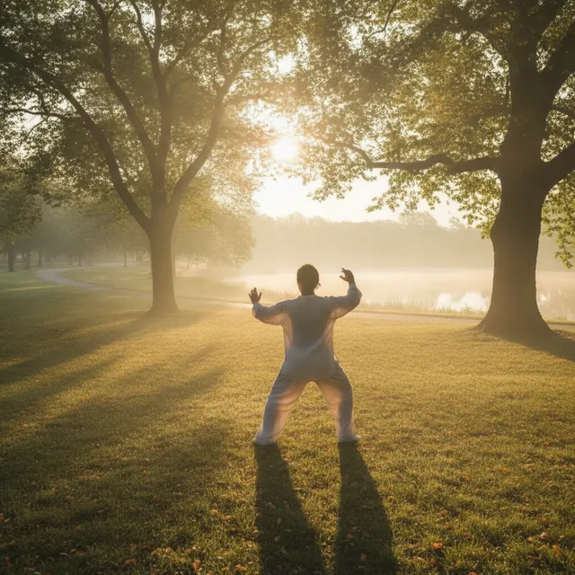Une personne de dos pratique le tai-chi dans un parc au lever du soleil