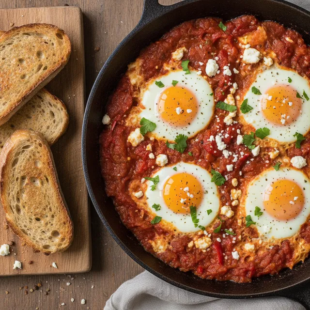 Shakshuka dans une poêle en fonte : oeufs pochés au jaune coulant dans une sauce de tomates et poivrons, feta et coriandre, pain grillé à côté