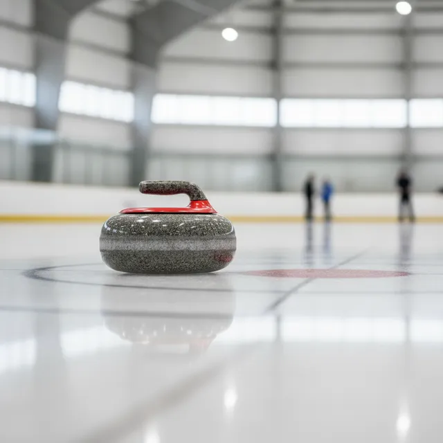 Pierre de curling en granit a poignee rouge posee sur la piste de glace d'une patinoire