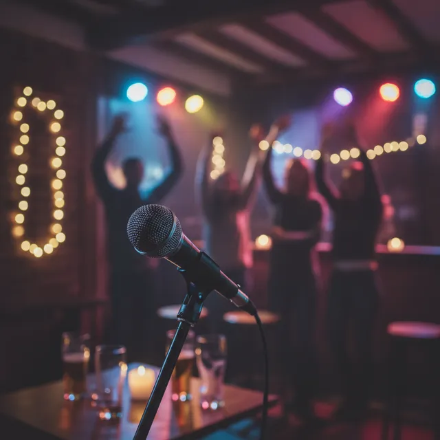 Micro de karaoké sur pied dans un bar le soir, lumières colorées et silhouettes qui chantent en arrière-plan