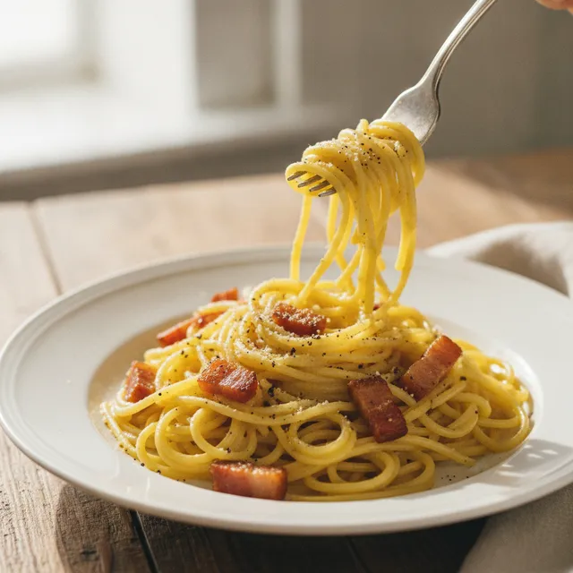 Assiette de spaghetti alla carbonara au guanciale doré et poivre noir, une fourchette enroulant les pâtes