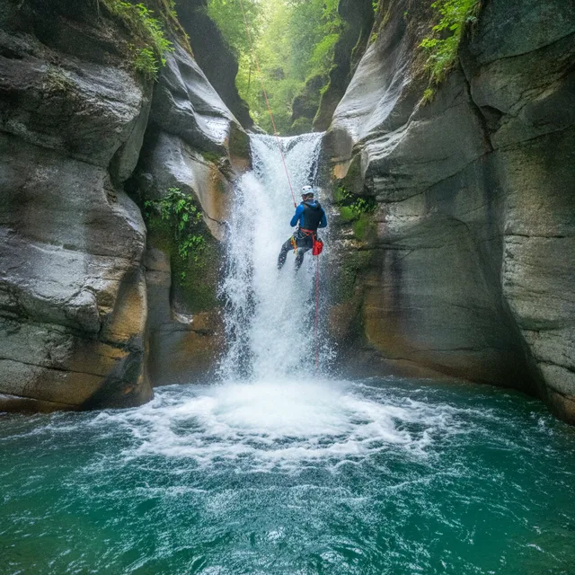Canyoniste en combinaison néoprène descendant en rappel une cascade dans un canyon de montagne