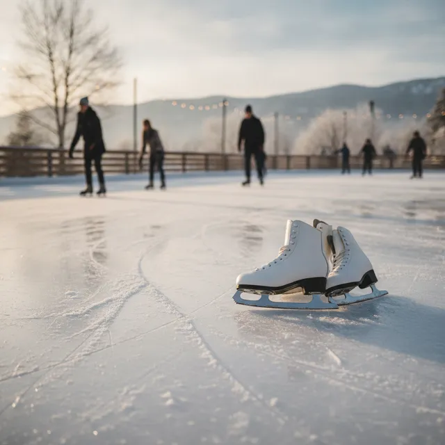 Une paire de patins à glace blancs posée sur la glace d'une patinoire extérieure, des patineurs en arrière-plan